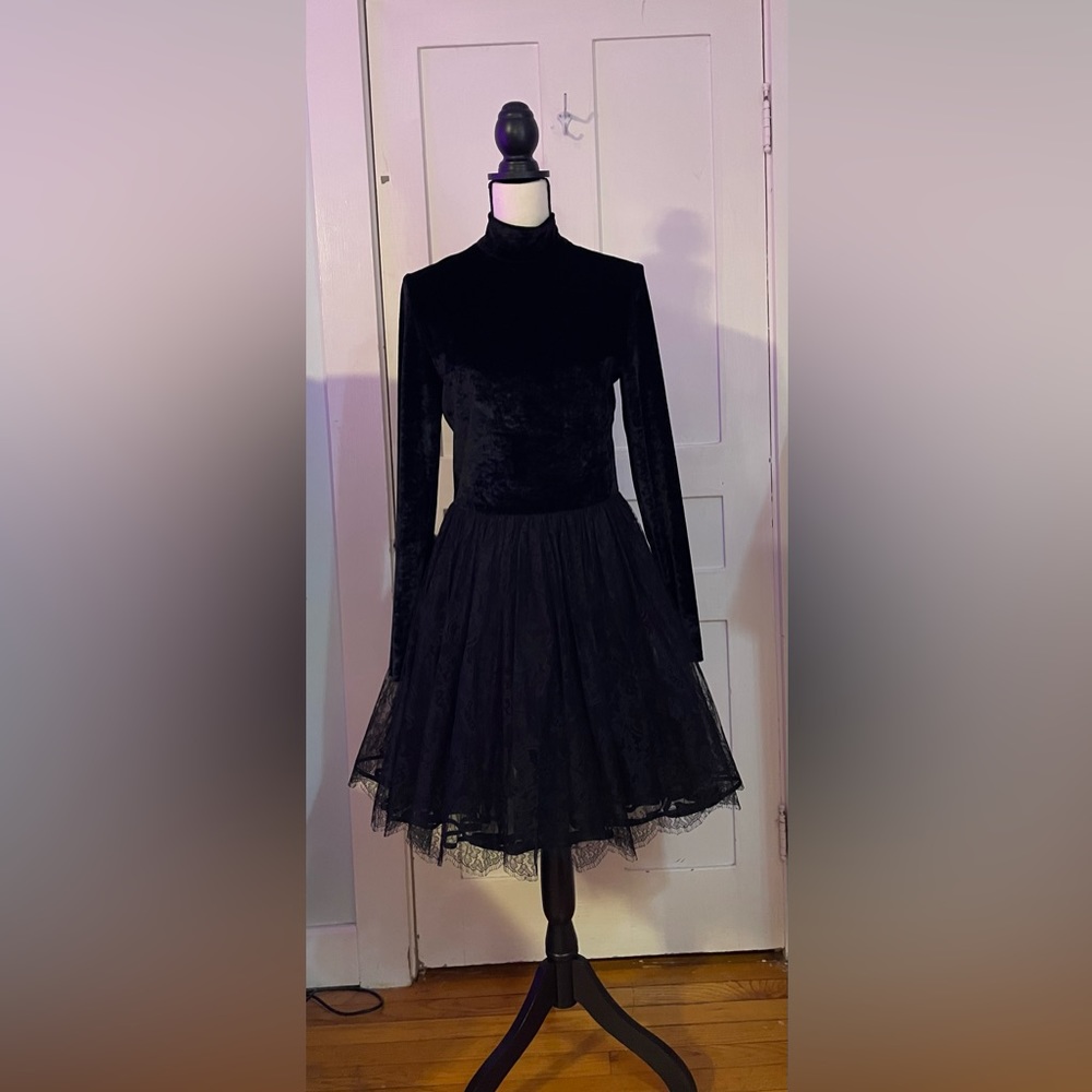 Vintage party dress. Tulle and lace skirt and crushed velvet turtleneck bodice.